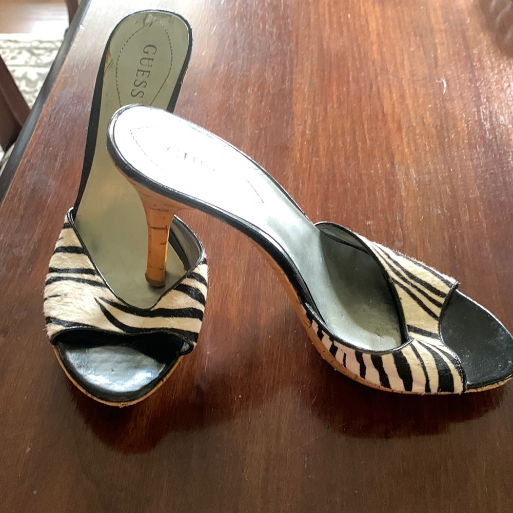 “Guess” animal print high heel slides